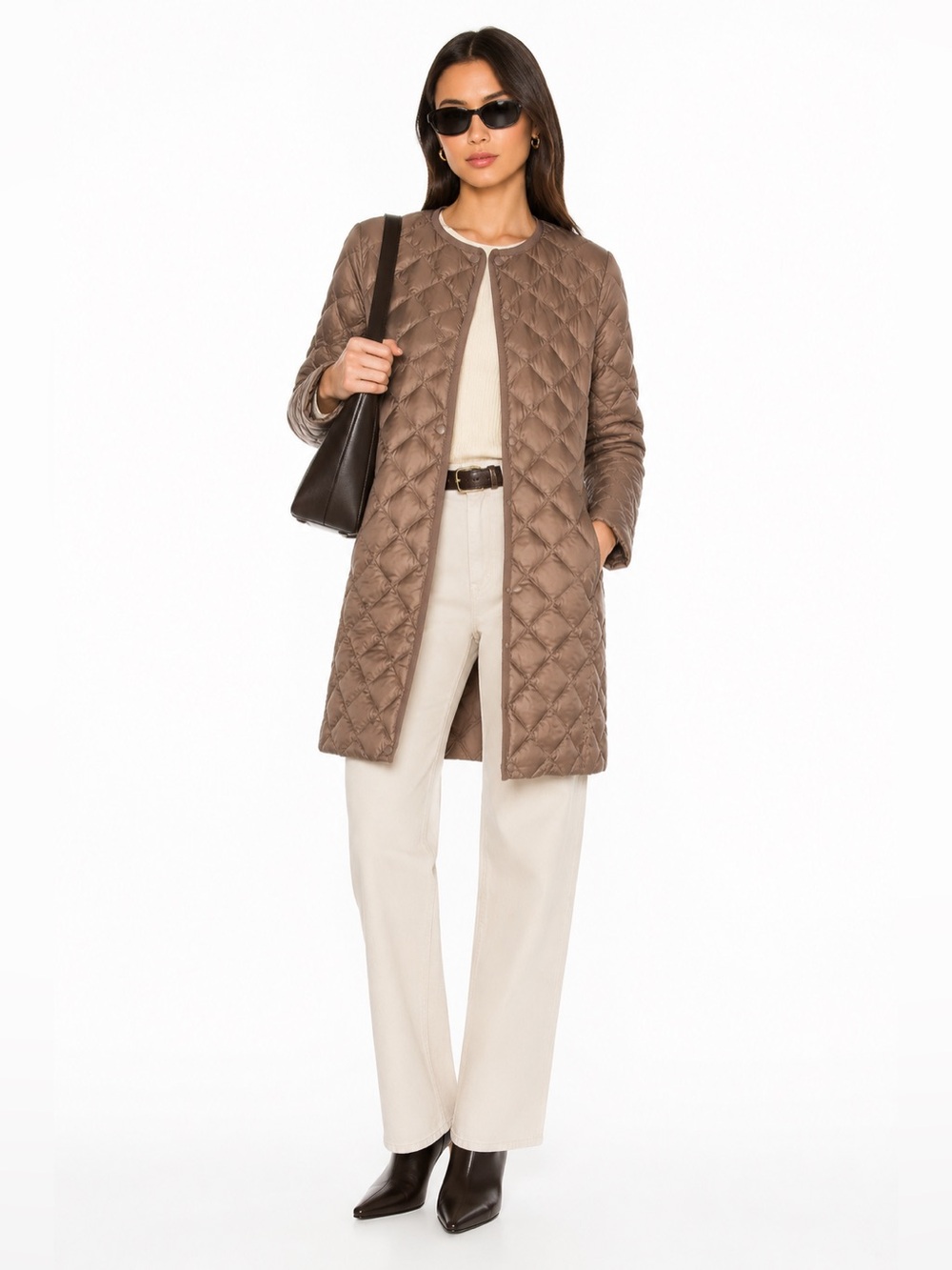 Uniqlo Ultra Light Down Long Quilted Jacket Coat Brown Taupe Snap Front Lightwei
